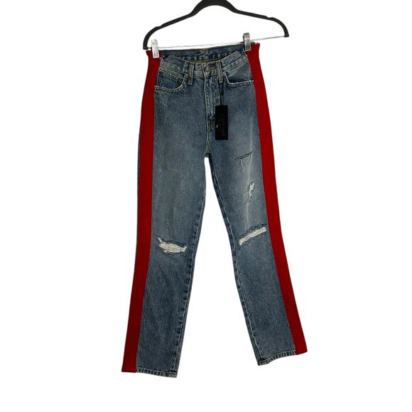 Carmen Straight Thrashed Distressed High Rise Red Tuxedo Stripe Denim Blue Jeans - Picture 1 of 10